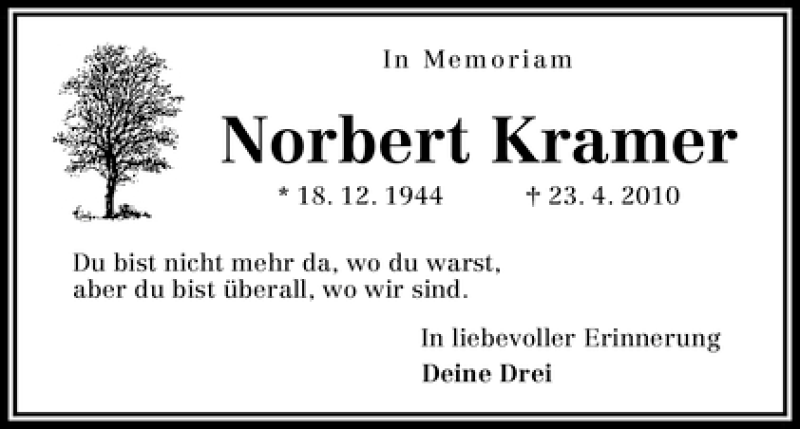  Traueranzeige für Norbert Kramer vom 23.04.2012 aus WESER-KURIER