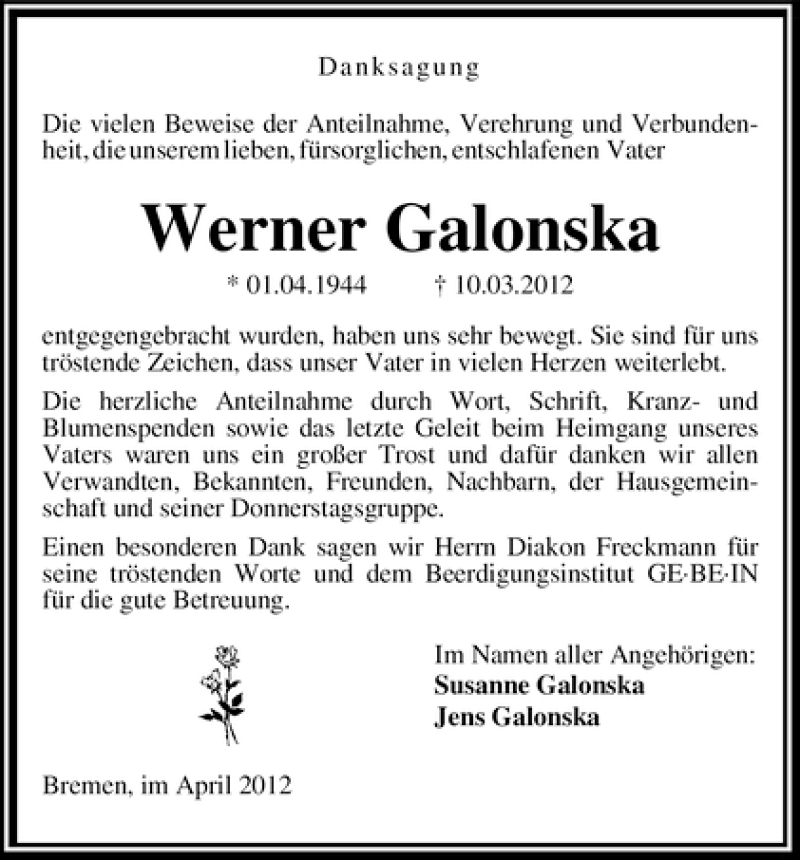Traueranzeige von Werner Galonska von WESER-KURIER