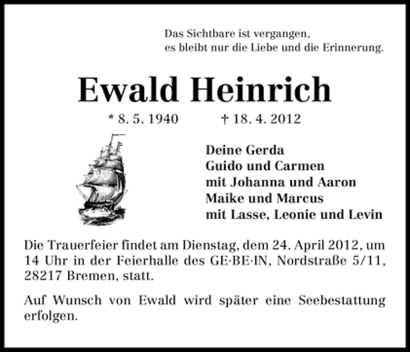 Traueranzeige von Ewald Heinrich von WESER-KURIER