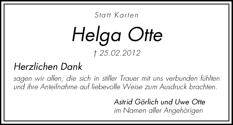 Traueranzeige von Helga Otte von WESER-KURIER