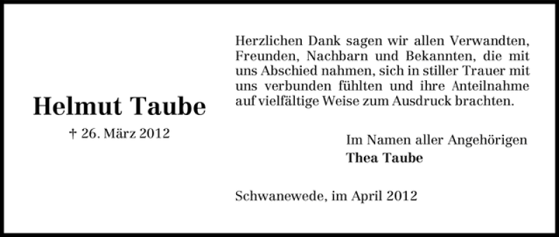 Traueranzeige von Helmut Taube von WESER-KURIER