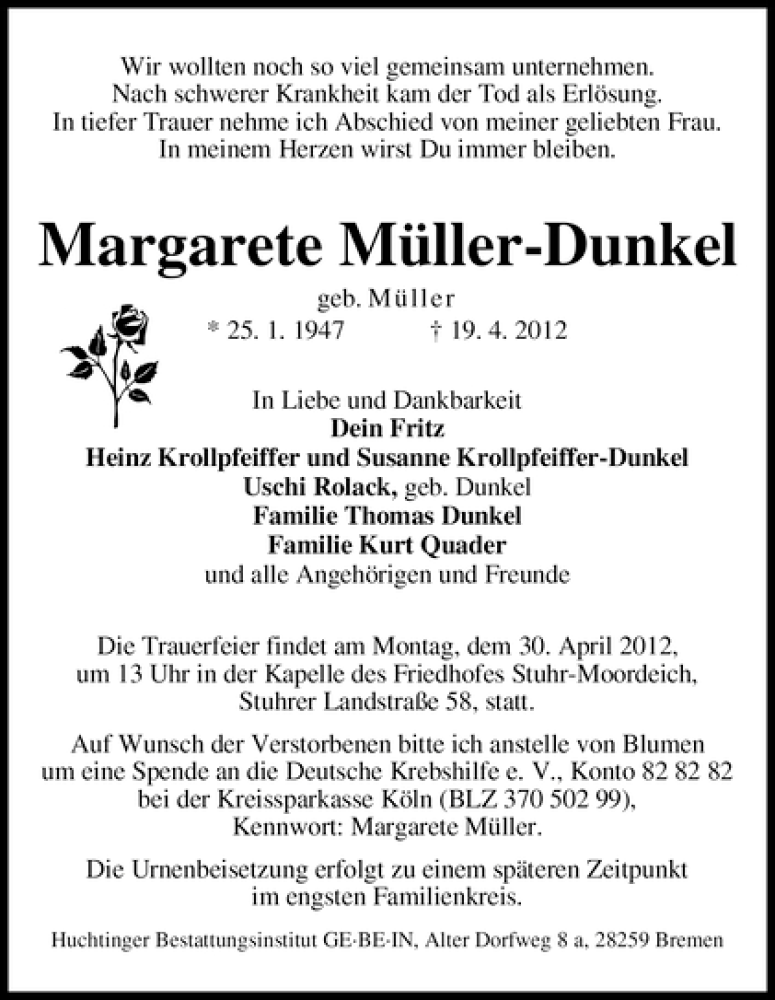 Traueranzeige von Margarete Müller-Dunkel von WESER-KURIER