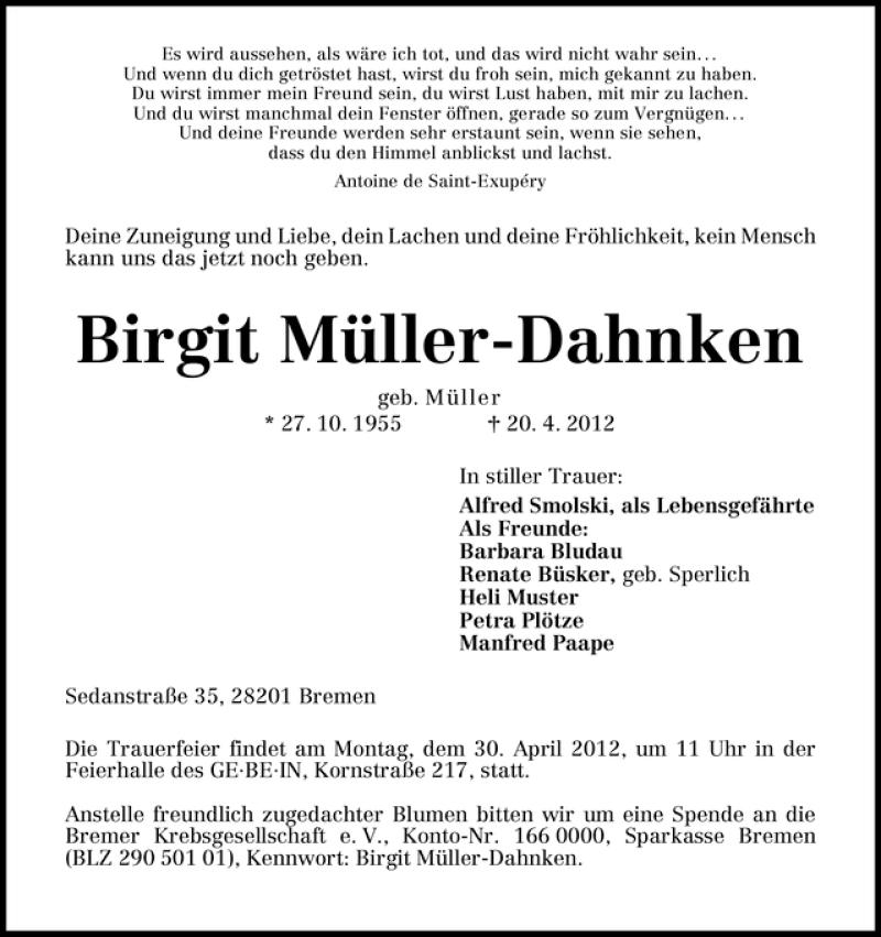 Traueranzeige von Birgit Müller-Dahnken von WESER-KURIER