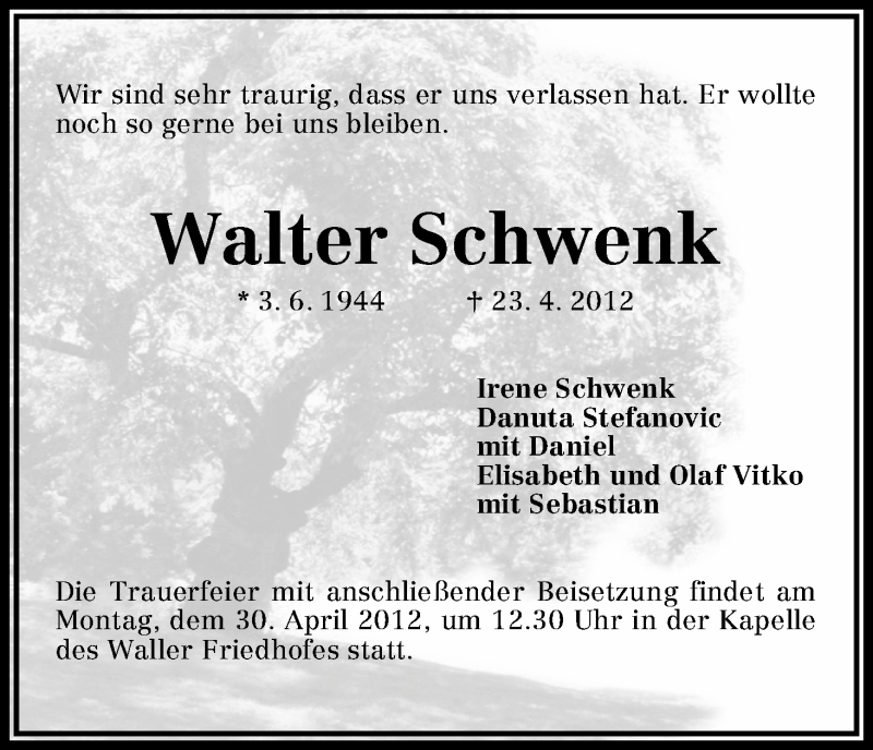 Traueranzeige für Walter Schwenk vom 25.04.2012 aus WESER-KURIER