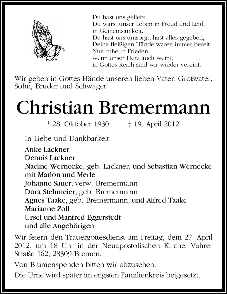 Traueranzeige von Christian Bremermann von WESER-KURIER