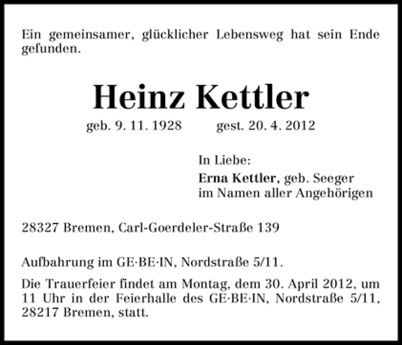 Traueranzeigen Von Heinz Kettler Trauer Gedenken