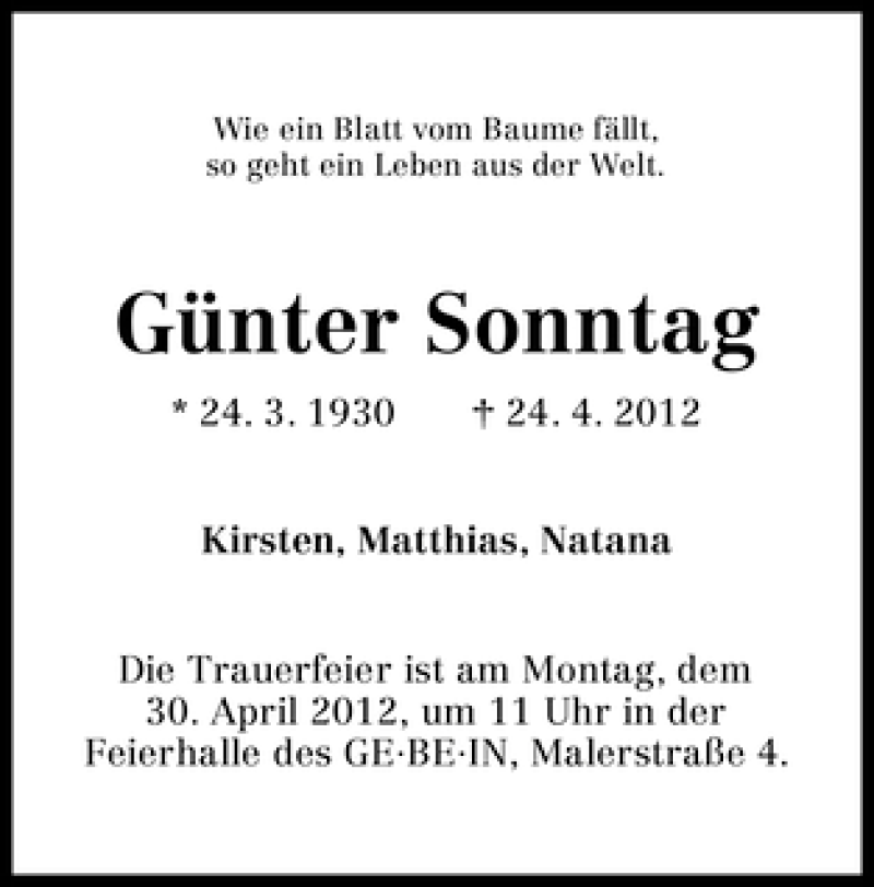 Traueranzeige von Günter Sonntag von WESER-KURIER
