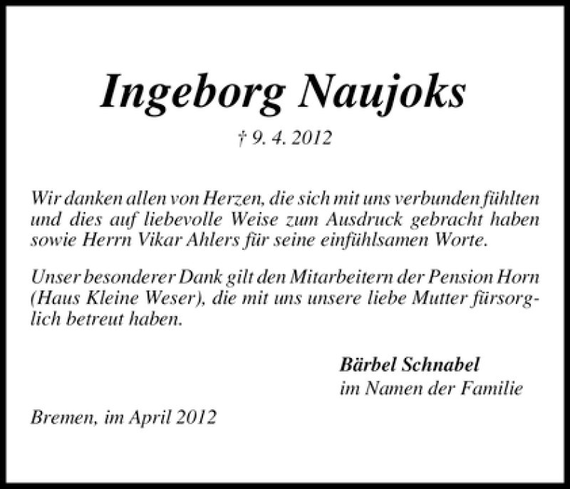 Traueranzeige von Ingeborg Naujoks von WESER-KURIER