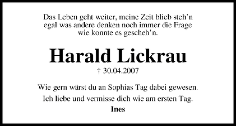  Traueranzeige für Harald Lickrau vom 30.04.2012 aus WESER-KURIER