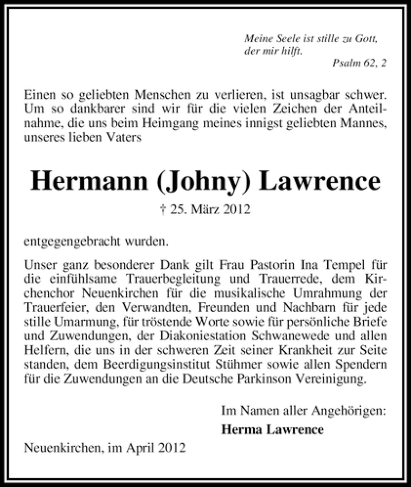 Traueranzeige von Hermann Lawrence von WESER-KURIER