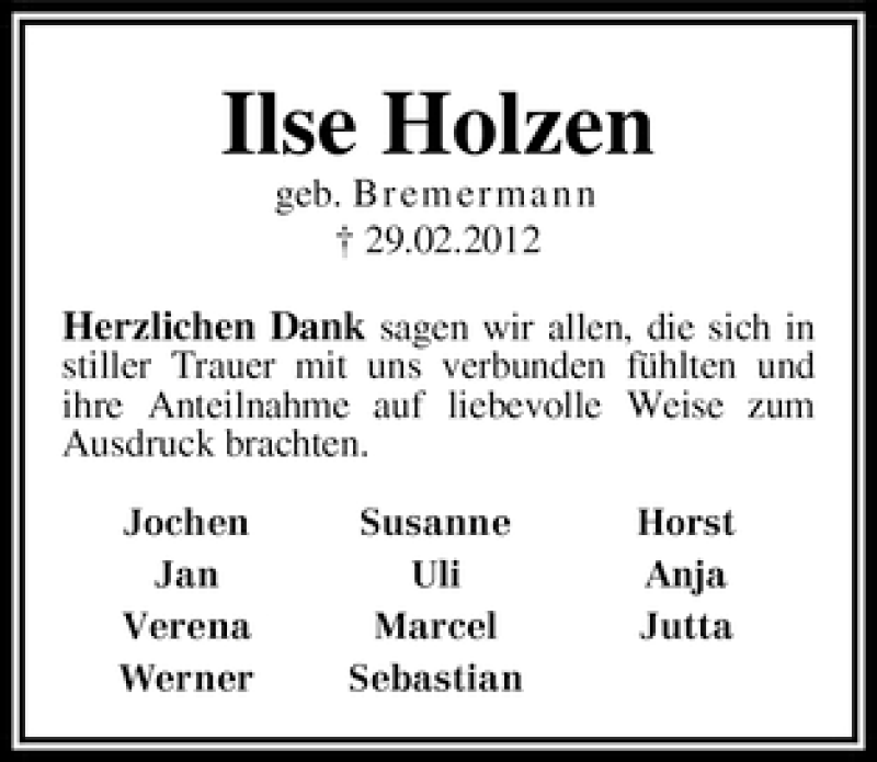 Traueranzeige von Ilse Holzen von WESER-KURIER