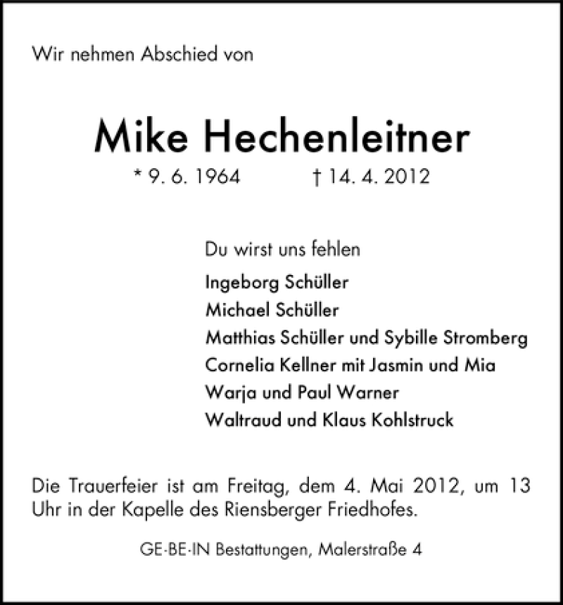  Traueranzeige für Mike Hechenleitner vom 30.04.2012 aus WESER-KURIER