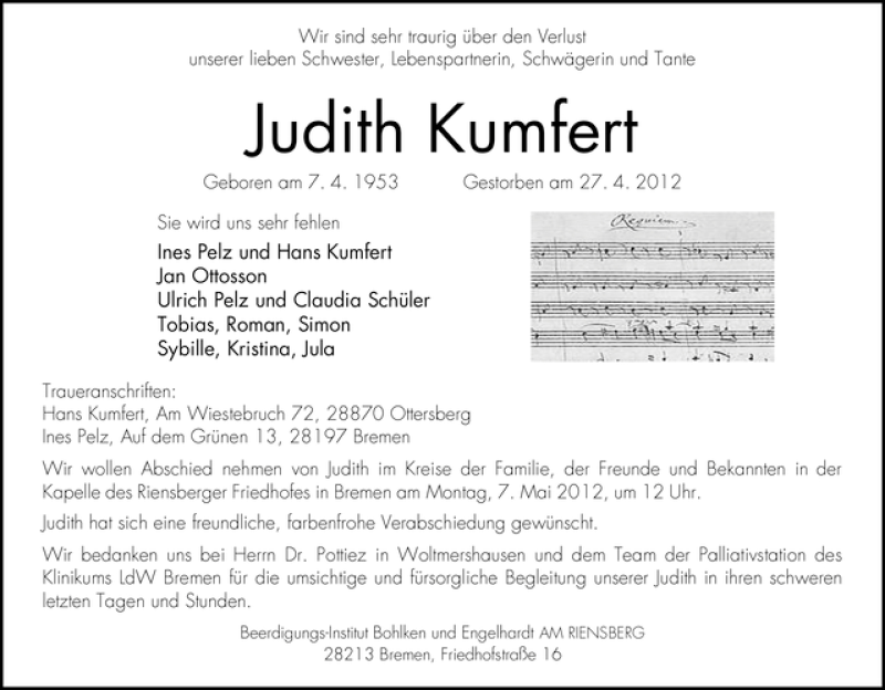Traueranzeige von Judith Kumfert von WESER-KURIER