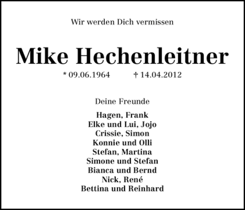  Traueranzeige für Mike Hechenleitner vom 02.05.2012 aus WESER-KURIER