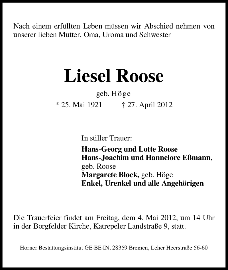 Traueranzeige von Liesel Roose von WESER-KURIER