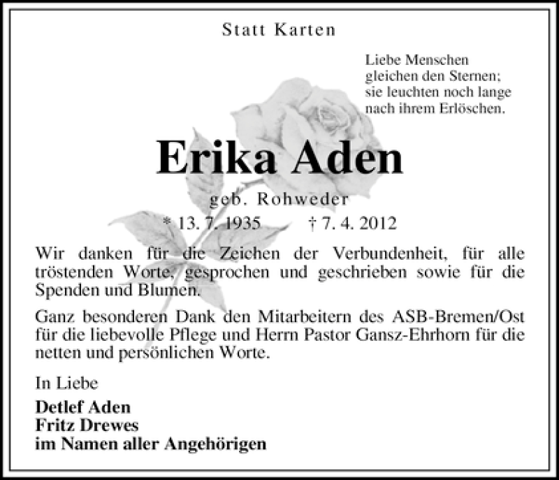  Traueranzeige für Erika Aden vom 05.05.2012 aus WESER-KURIER