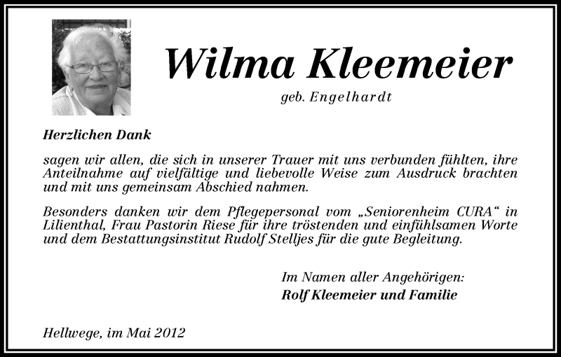 Traueranzeige von Wilma Kleemeier von WESER-KURIER