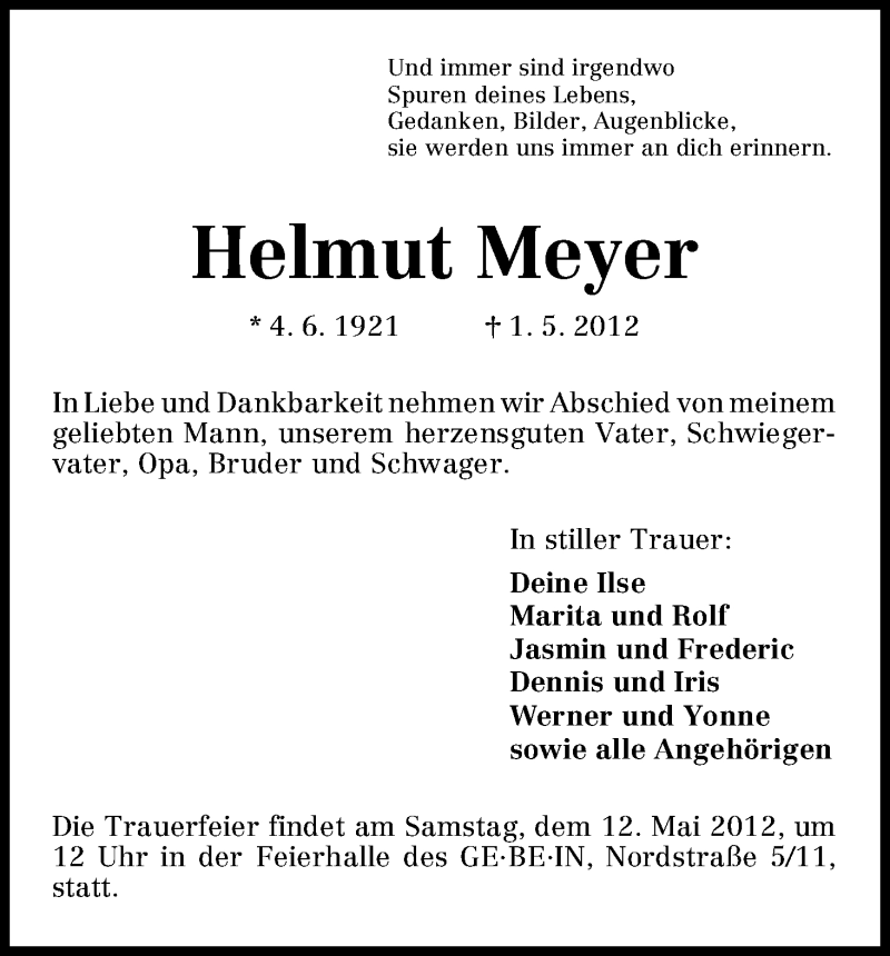 Traueranzeige von Helmut Meyer von WESER-KURIER