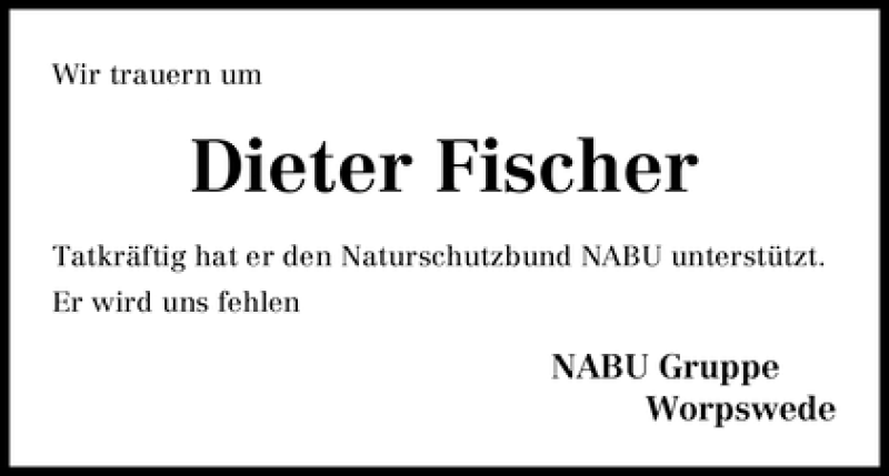 Traueranzeige von Dieter Fischer von WESER-KURIER