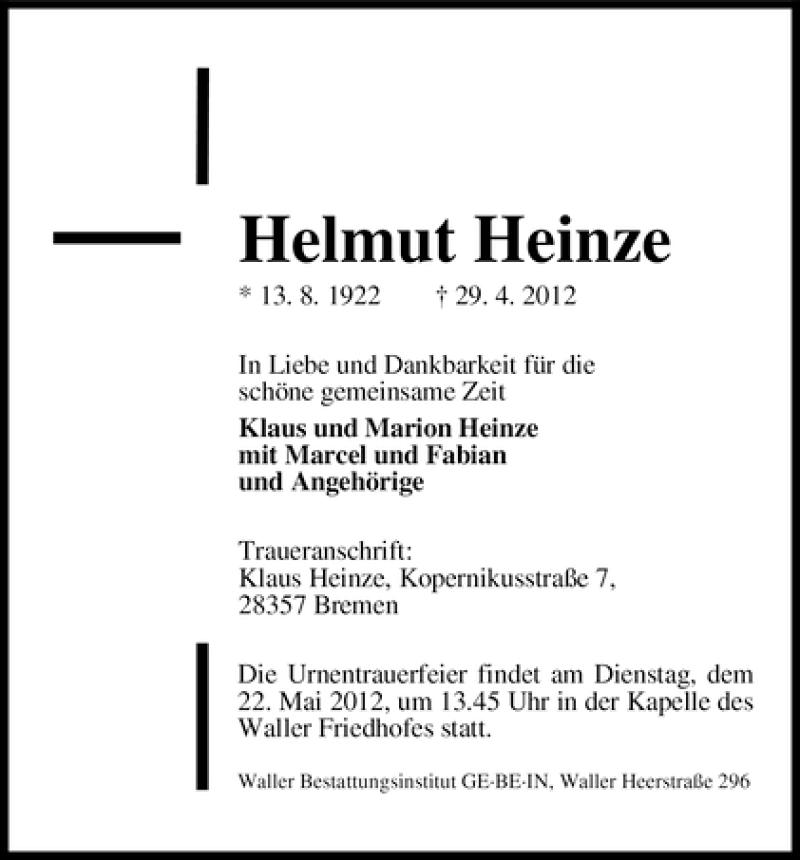 Traueranzeige von Helmut Heinze von WESER-KURIER