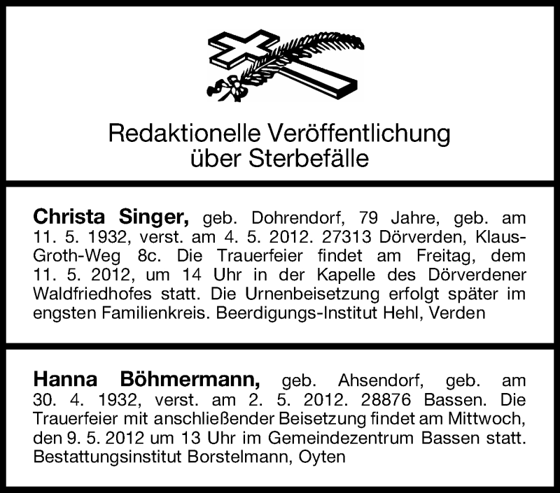 Traueranzeige von Sterbefälle vom 08.05.2012 von WESER-KURIER