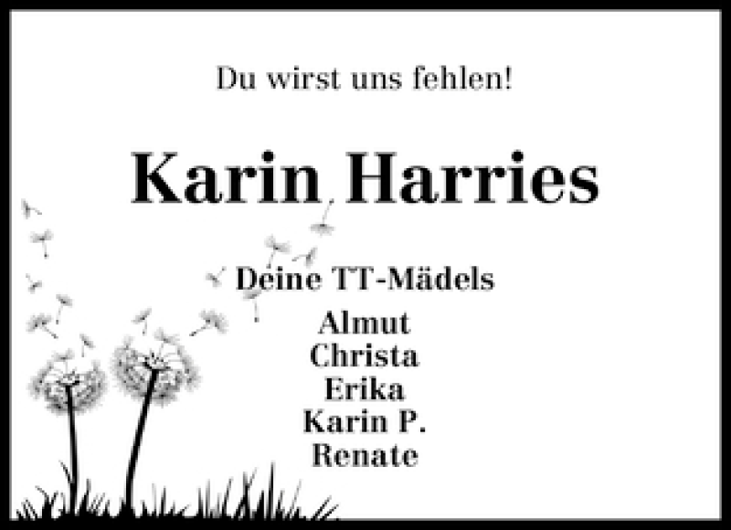 Traueranzeige von Karin Harries von WESER-KURIER