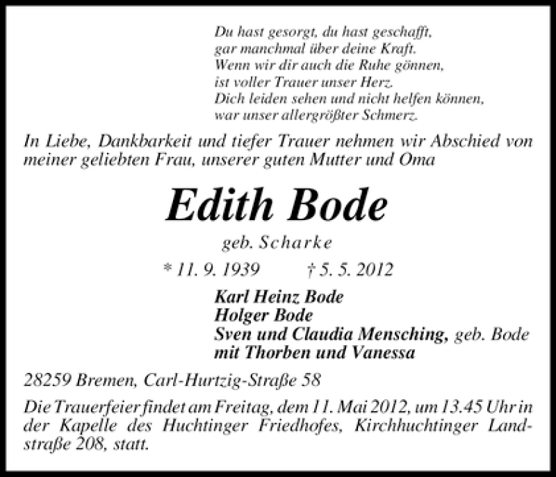 Traueranzeige von Edith Bode von WESER-KURIER