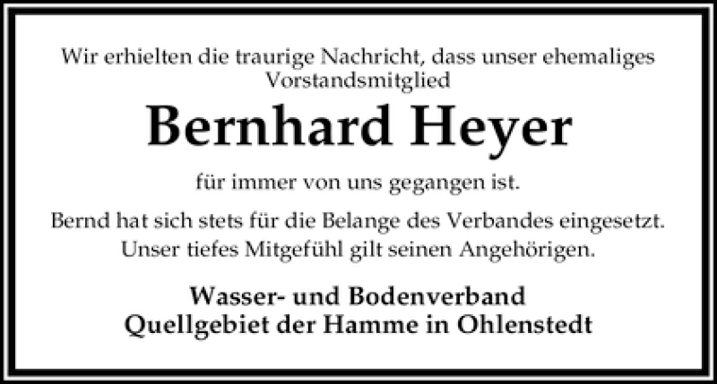 Traueranzeige von Bernhard Heyer von WESER-KURIER