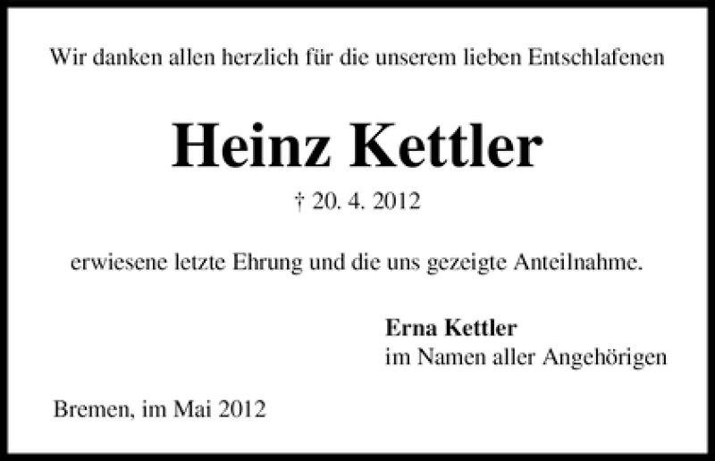 Traueranzeige von Heinz Kettler von WESER-KURIER
