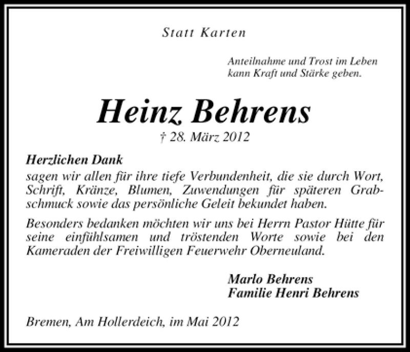 Traueranzeige von Heinz Behrens von WESER-KURIER