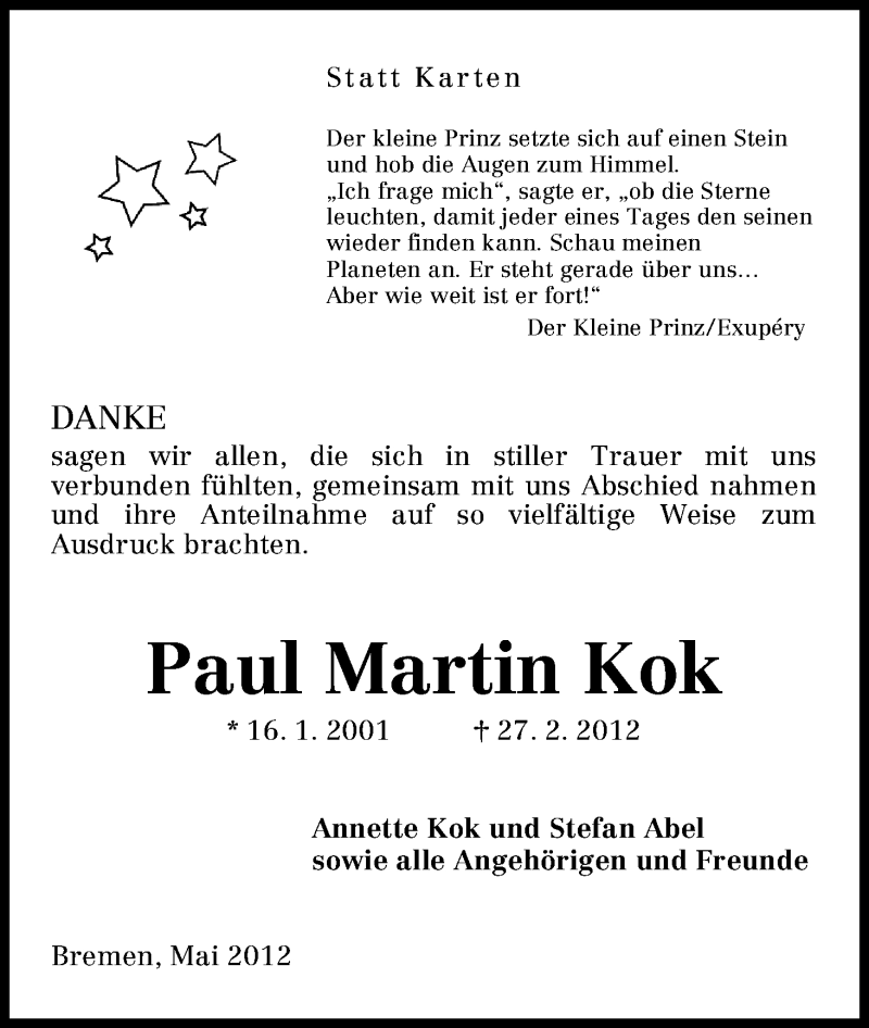  Traueranzeige für Paul Kok vom 12.05.2012 aus WESER-KURIER