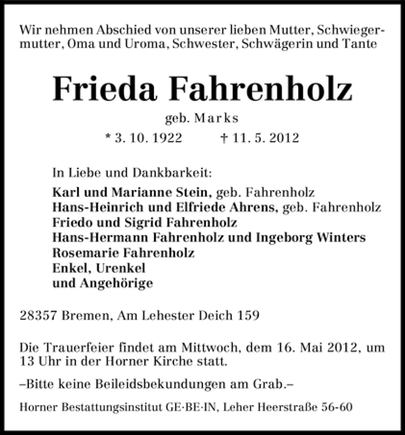 Traueranzeige von Frieda Fahrenholz von WESER-KURIER