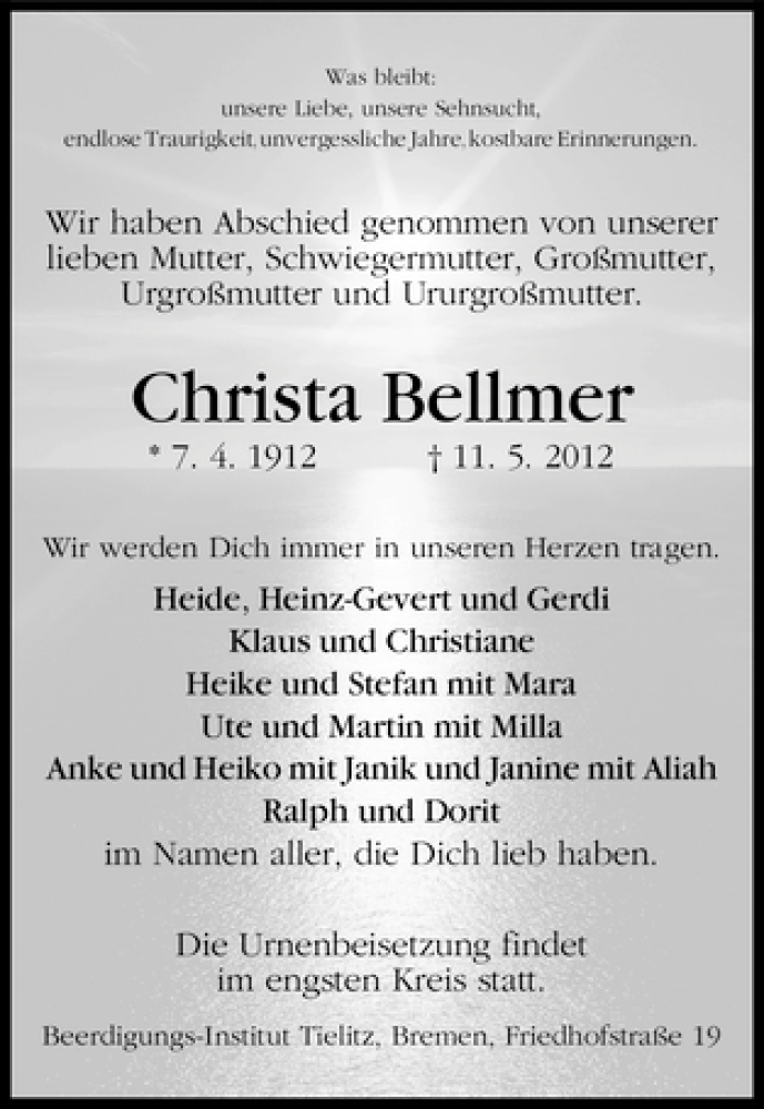 Traueranzeige von Christa Bellmer von WESER-KURIER