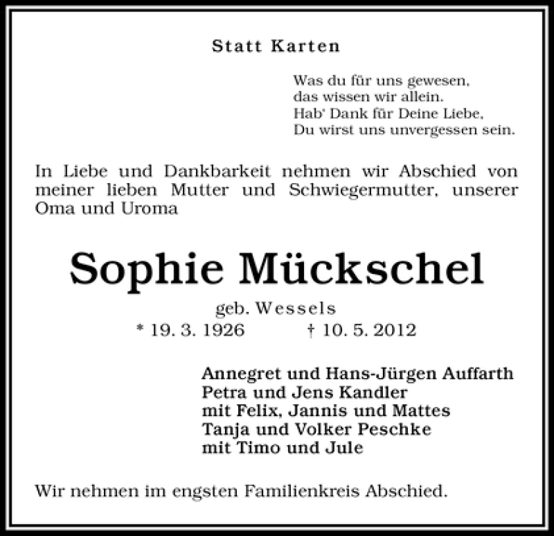 Traueranzeige von Sophie Mückschel von WESER-KURIER