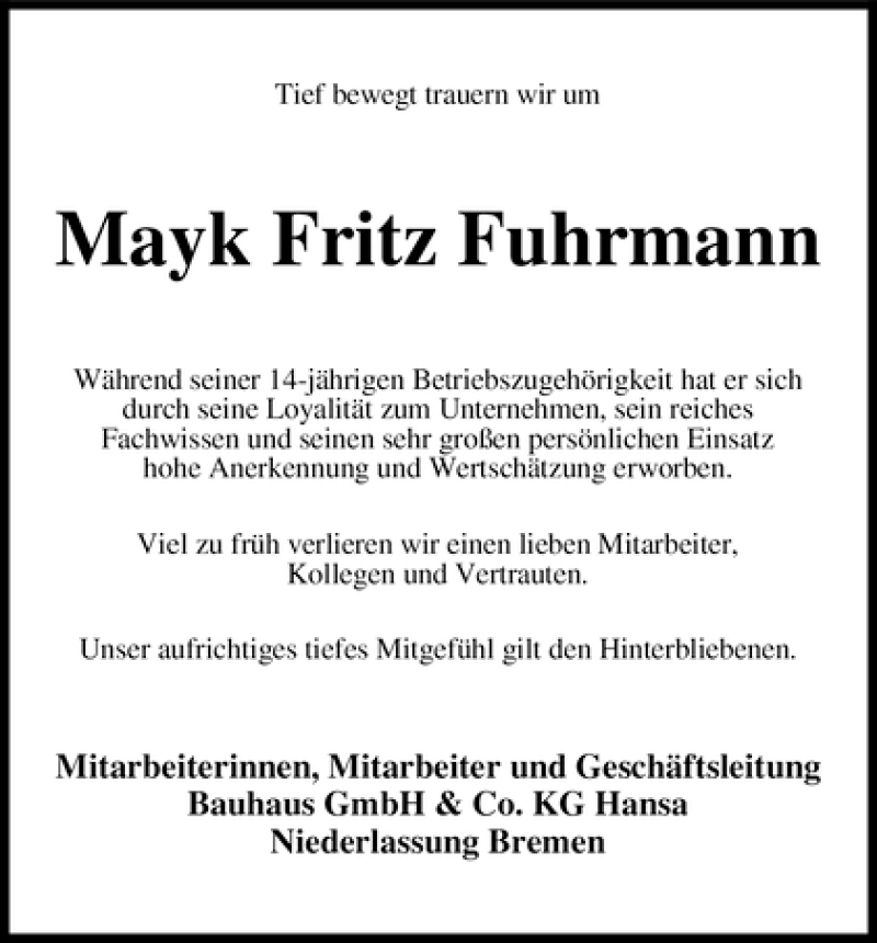 Traueranzeige von Mayk Fritz Fuhrmann von WESER-KURIER