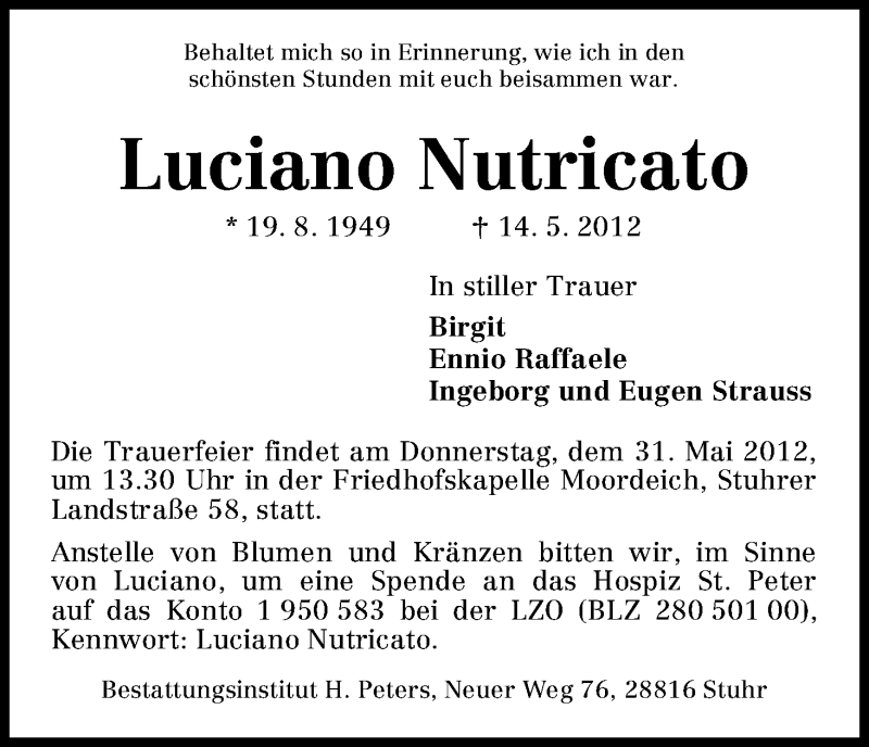 Traueranzeige von Luciano Nutricato von WESER-KURIER