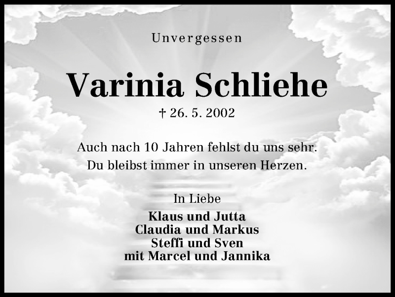 Traueranzeige von Varinia Schliehe von WESER-KURIER