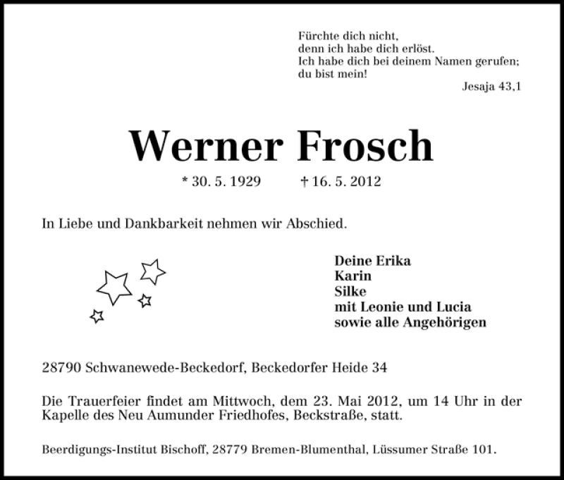 Traueranzeige von Werner Frosch von WESER-KURIER