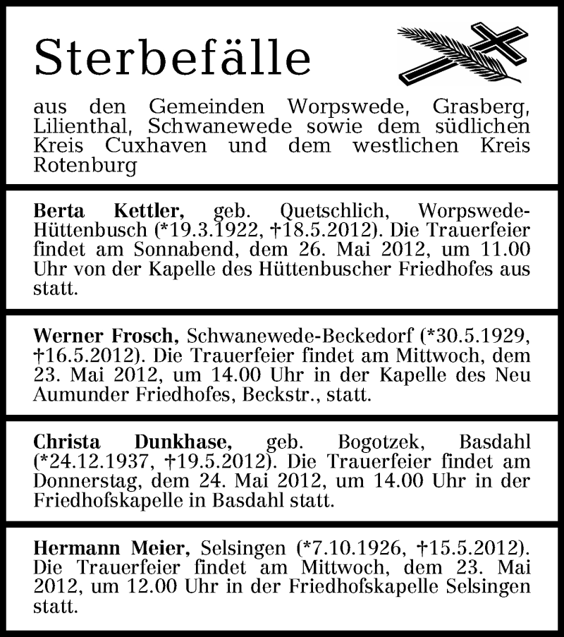 Traueranzeige von sterbefälle vom 22.05.2012 von WESER-KURIER