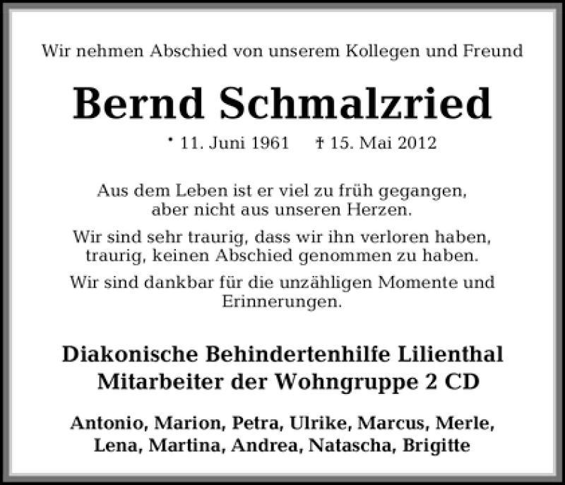 Traueranzeige von Bernd Schmalzried von WESER-KURIER