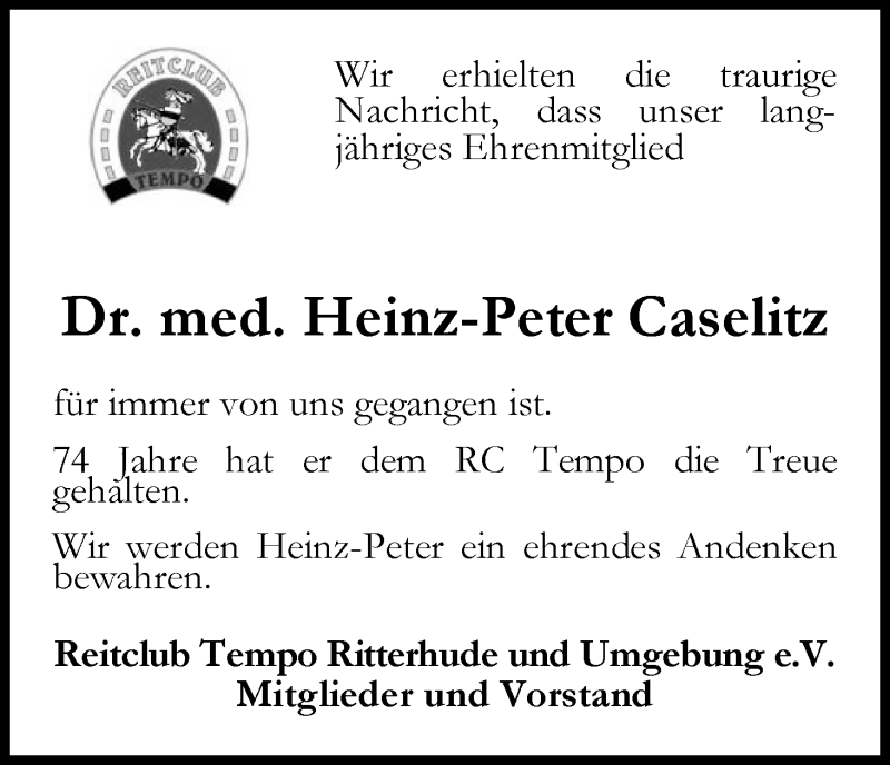 Traueranzeige von Heinz-Peter Caselitz von WESER-KURIER
