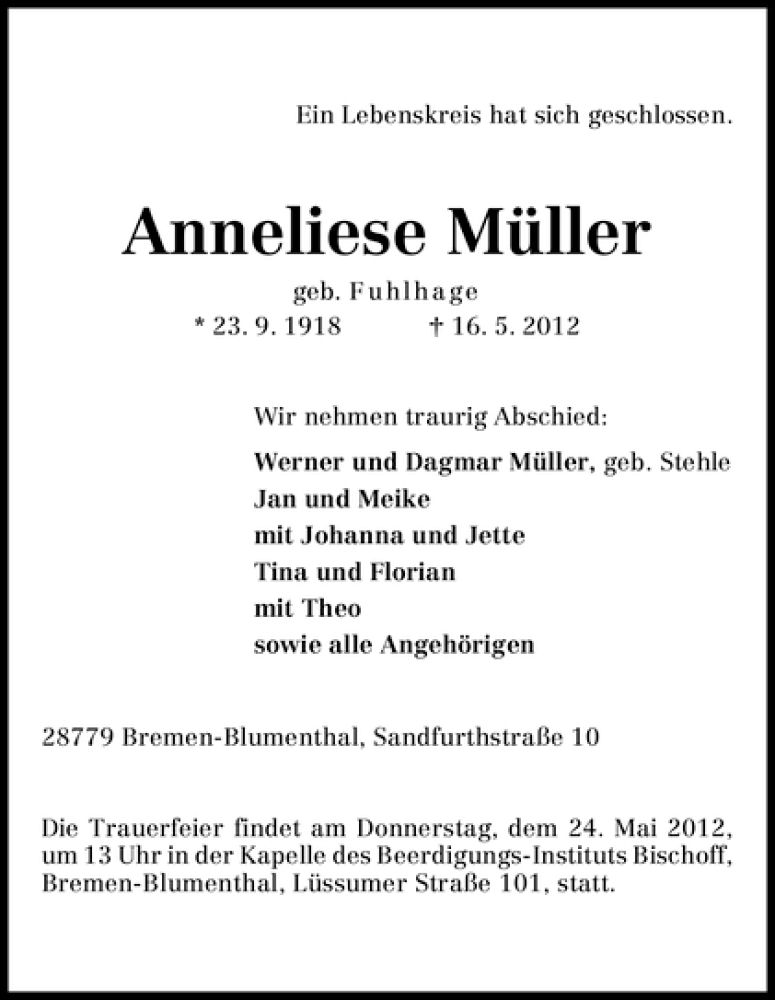 Traueranzeige von Anneliese Müller von WESER-KURIER