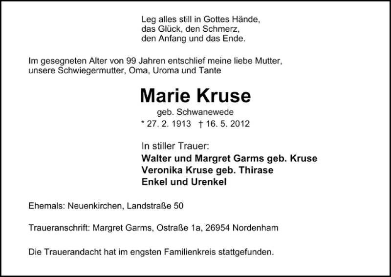 Traueranzeige von Marie Kruse von WESER-KURIER