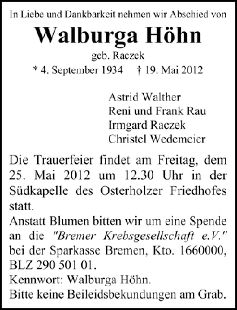 Traueranzeige von Walburga Höhn von WESER-KURIER