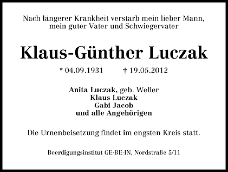 Traueranzeige von Klaus-Günther Luczak von WESER-KURIER