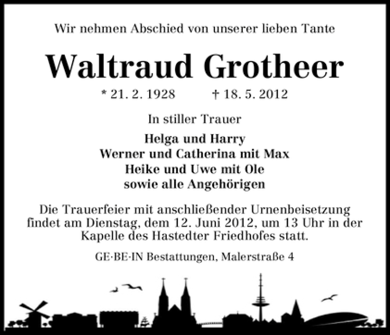 Traueranzeige von Waltraud Grotheer von WESER-KURIER