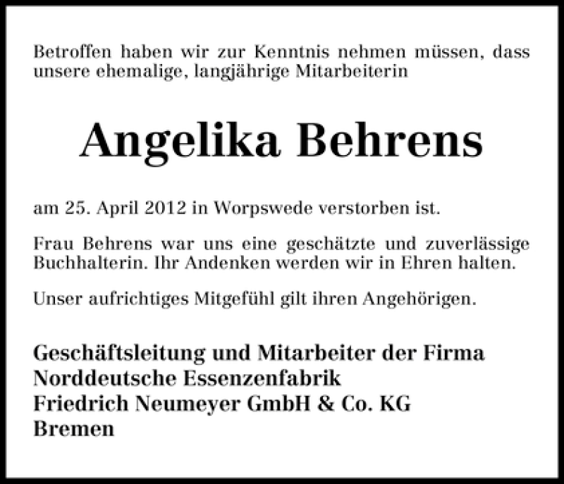  Traueranzeige für Angelika Behrens vom 25.05.2012 aus WESER-KURIER