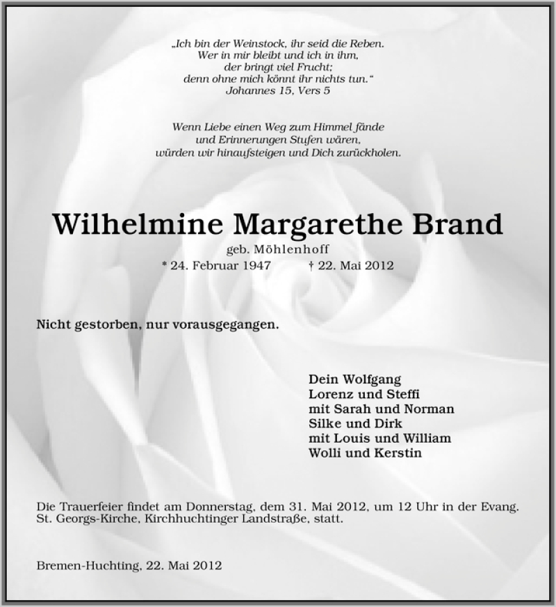 Traueranzeige von Wilhelmine Margarethe Brand von WESER-KURIER
