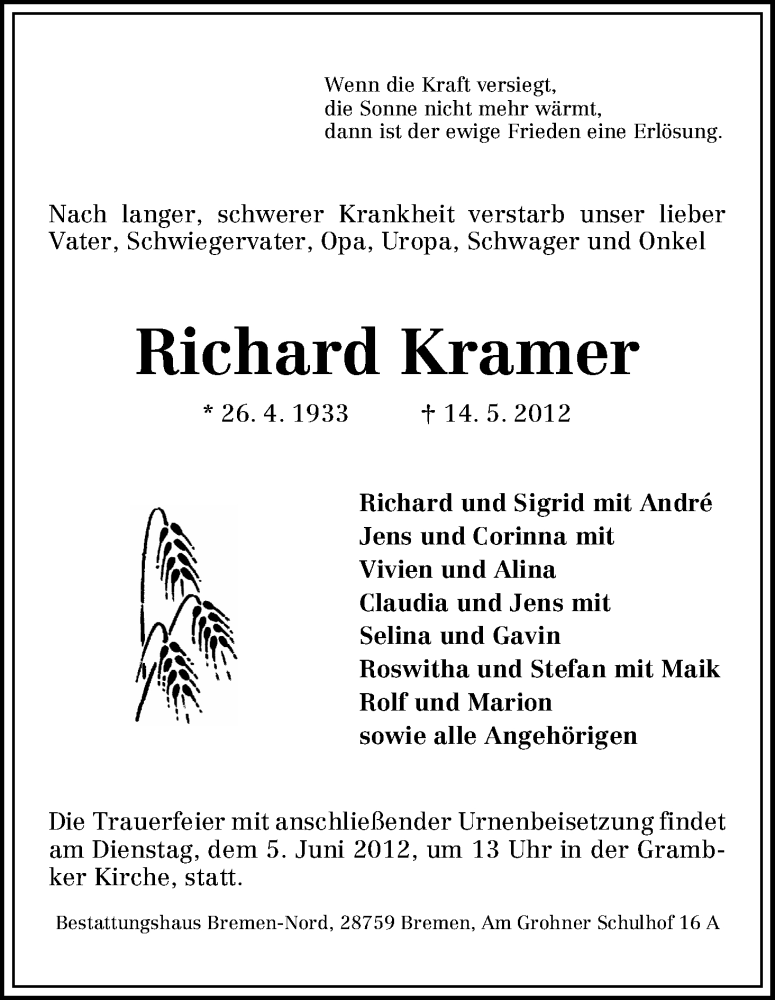 Traueranzeige von Richard Kramer von WESER-KURIER