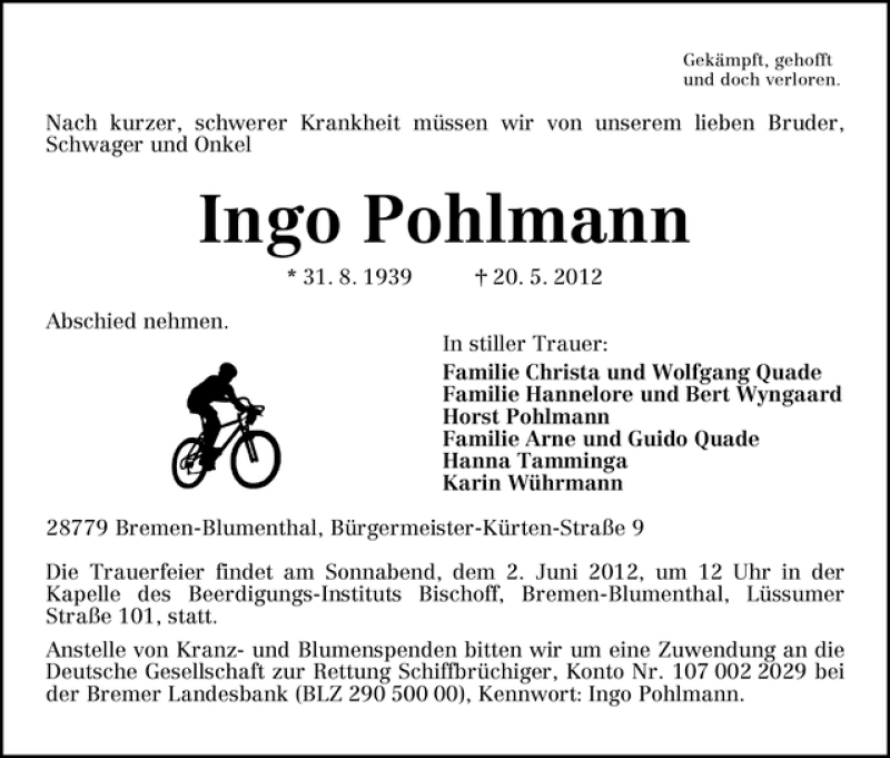  Traueranzeige für Ingo Pohlmann vom 31.05.2012 aus WESER-KURIER